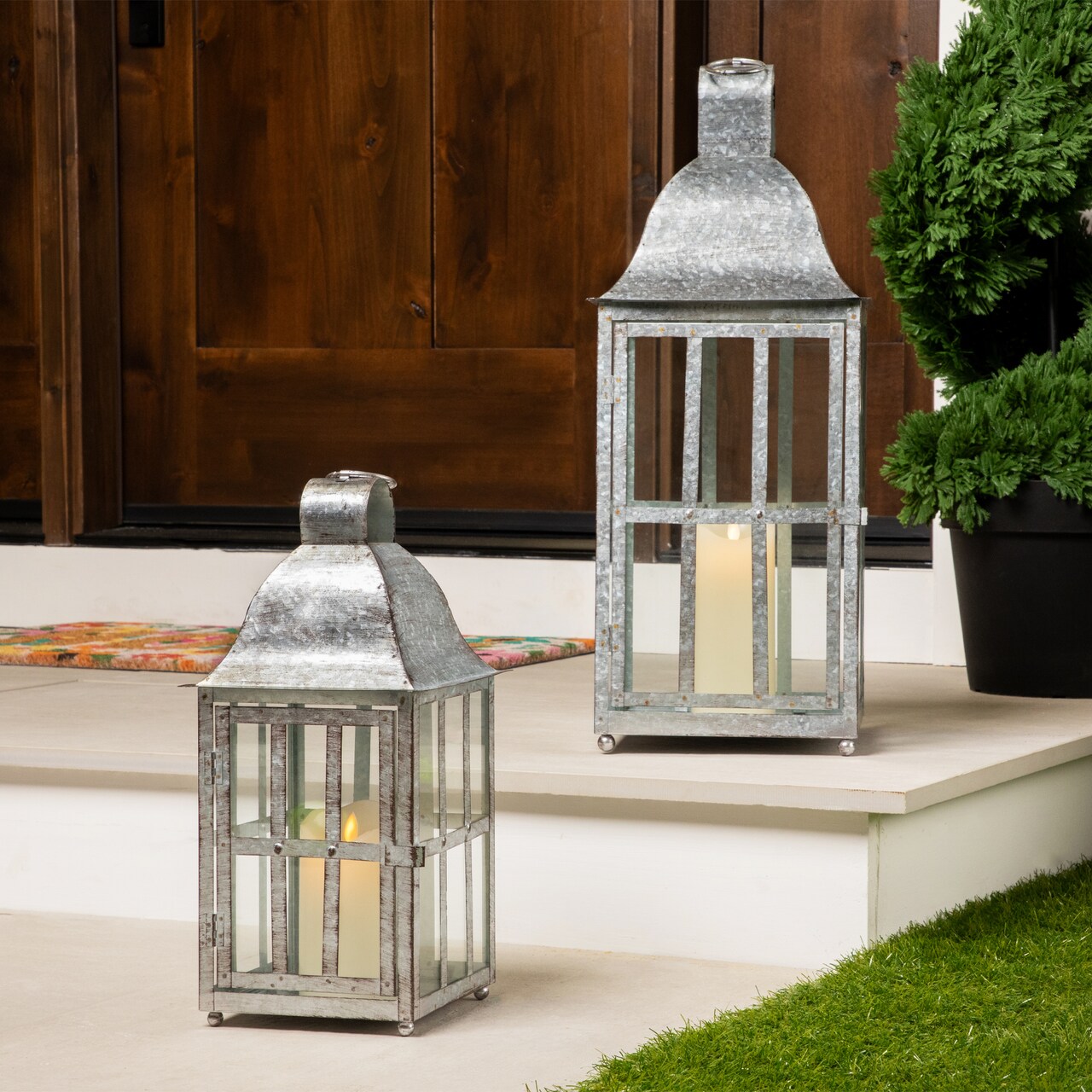 Northlight Distressed Galvanized Metal Candle Lanterns - 23.75" - Set of 2